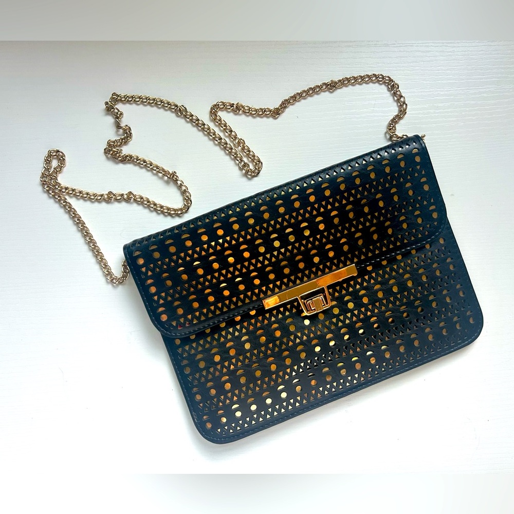 Black & Gold Chain Cut Out Convertible Clutch Shoulder Bag Purse Crossbody